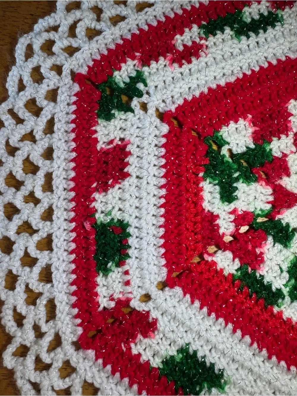Hand-Crocheted Holiday Doily — Red, White & Green